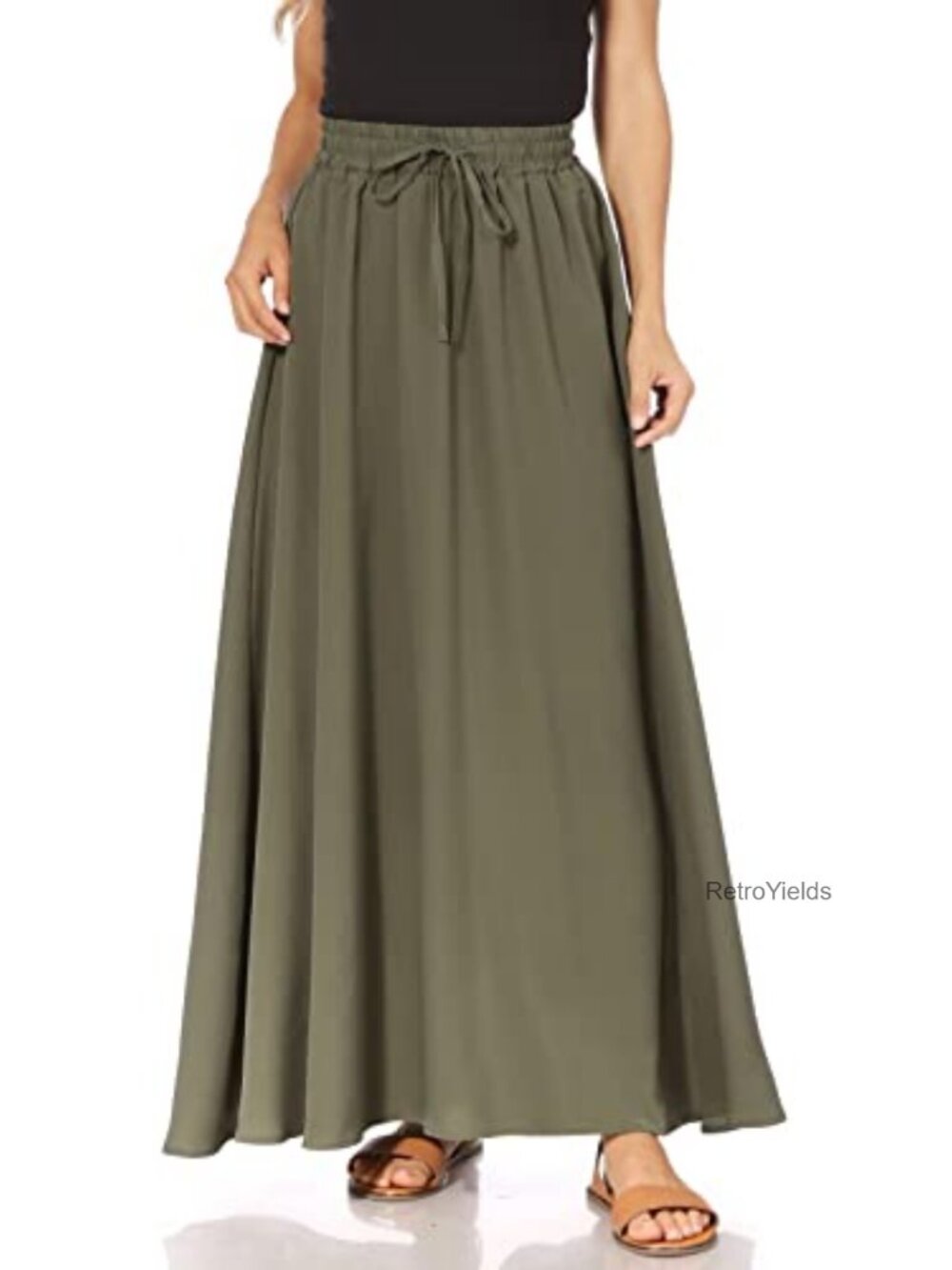 Flowy High Waisted A-Line Maxi Skirt Elastic Waistband
